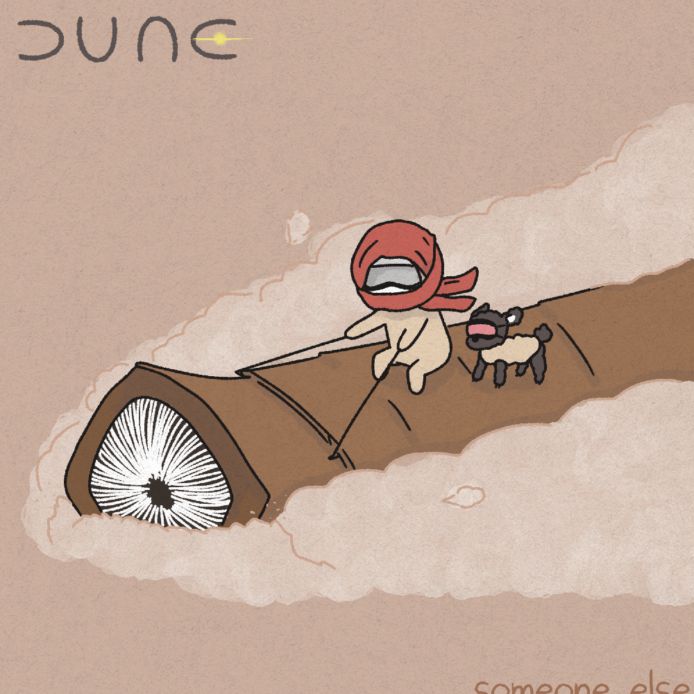 [그림](영화 듄 패러디)샤이훌루드를 타고 조종하고 있는 썸원과 그 옆에 서있는 루키