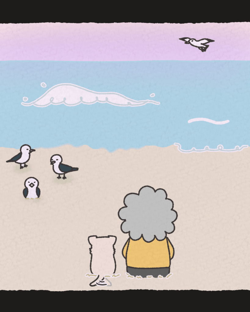 [그림] 갈매기들이 있는 바닷가 모래사장에 앉아 파도치는 바다를 바라보고 있는 봄비(강아지)와 할머니