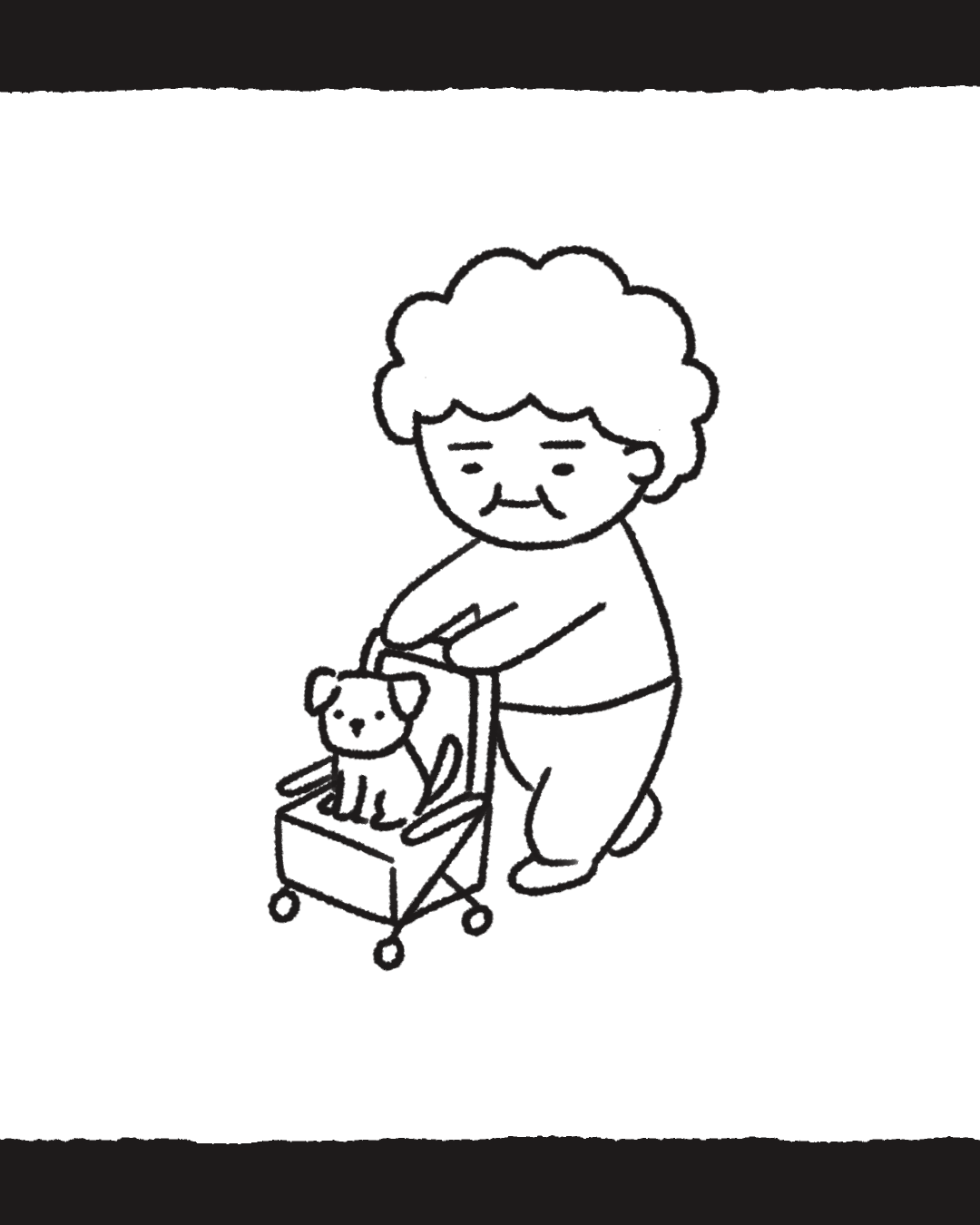 [그림] 보행보조기 위에 봄비(강아지)를 태우고 걷고 있는 할머니