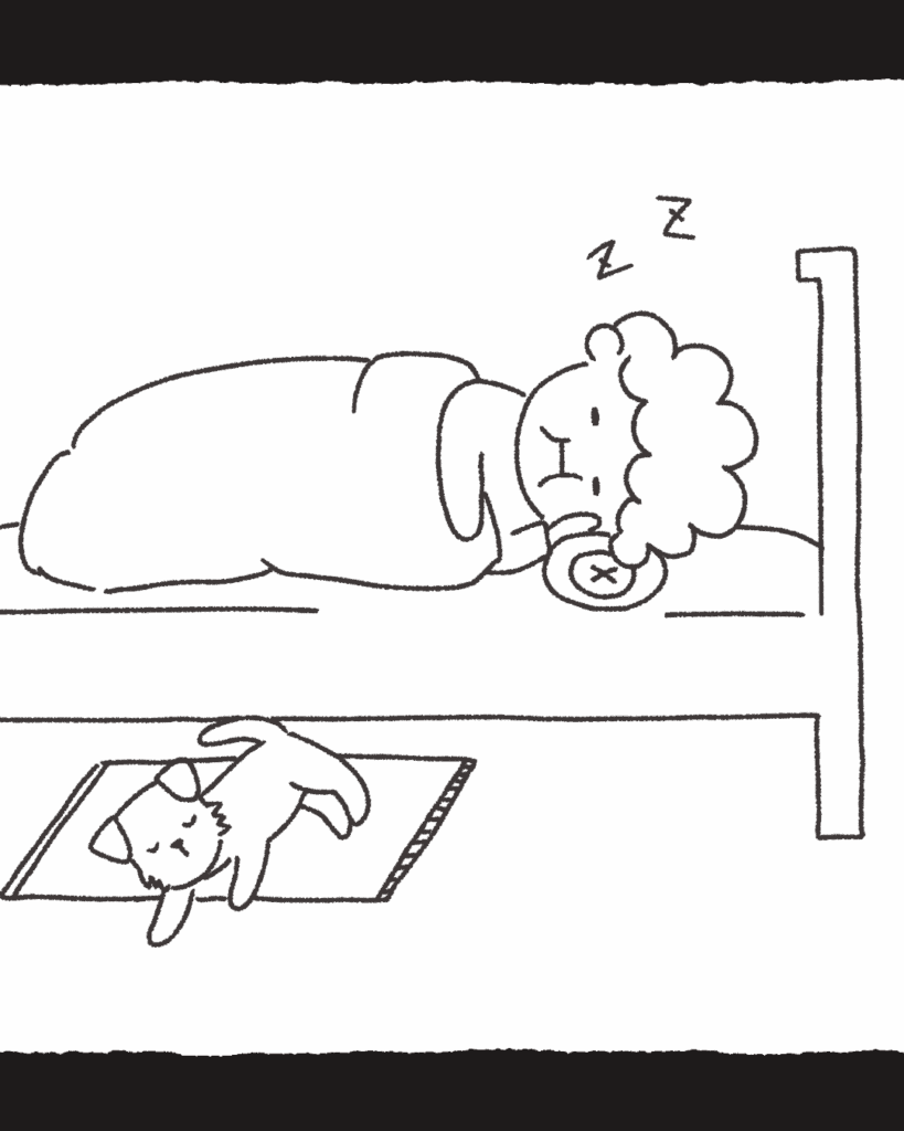 [그림] 침대 위에서 옆으로 누워 자고 있는 할머니와 침대 밑에서 옆으로 누워 자고 있는 강아지 봄비